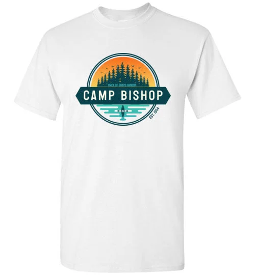 ergonomic camping chair cushions-Camp Bishop Short-Sleeve T-Shirt - Sunset Logo