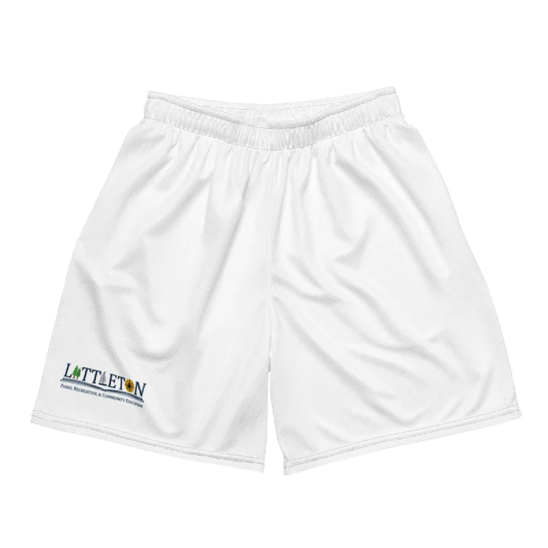 insulated camping drink jars-Littleton Park & Rec White Unisex Mesh Shorts